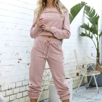 

2020 Fashion Women Autumn Spring Hollow Pink Loungewear Set 2Pcs Ladies Casual Club Zipper Decor Suits