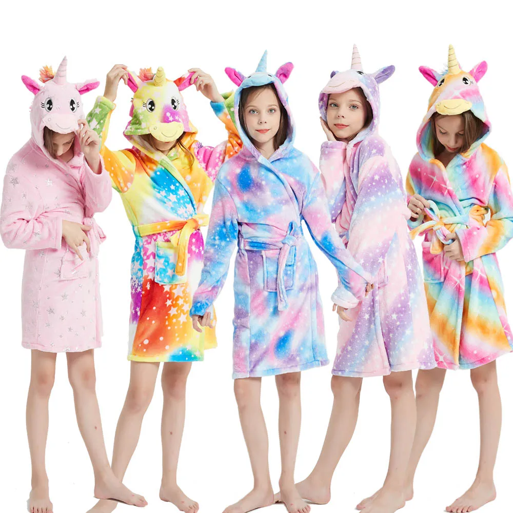 Winter Warm Soft Girl Bathrobe Hoodie Children Clothing Kids Bathrobe for Girls Boys Towel Robe Kigurumi Unicorn Animal Pajamas
