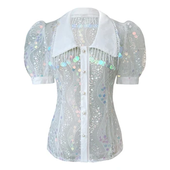 

HIGH STREET Newest Fashion 2020 Designer Blouse Women's Short Sleeve Sequined Beading Blouse Shirt