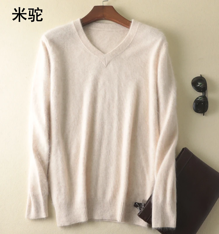 Classic Men\'s 100% Mink Cashmere Sweaters 2020 Solid Color V-Neck Casual Knitted Pullovers Winter Men Long Sleeve Warm Jumper