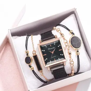 

New Style 5pcs Women Watch Set Magnet Rhinestone Square Watch Ladies Dress Quartz Wristwatch Bracelet black Clock relogio