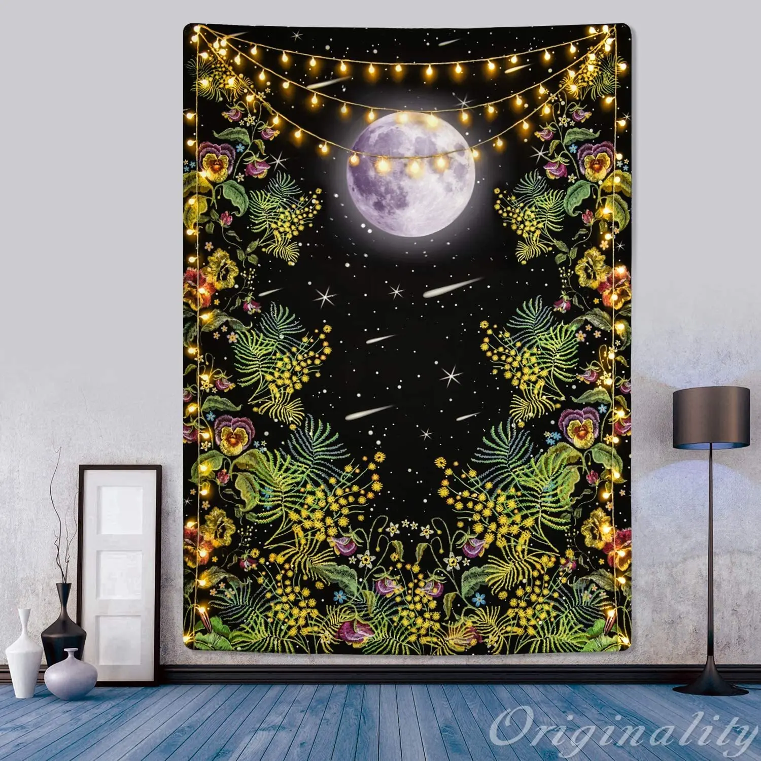 

Moonlit Garden Floral Vines Tapestry Moon Starry Tapestries Black Background Flowers Wall Hanging For Room Decor