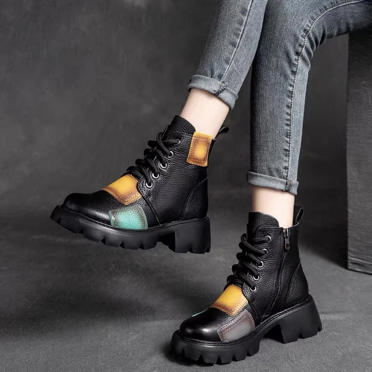 Botines de auténtica con cremallera y punta redonda para mujer, botas cortas de colores mixtos, Retro, invierno, 2021|Botas el tobillo| - AliExpress