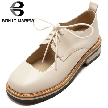 

BONJOMARISA Brand Female Spring Pumps Genuine Leather Lace Up Sewing Office Pumps Women Low Heel Office Casual Shoes Woman