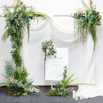 

Custom forest wedding arch decor artificial flower arrangement fake flower row garland green plants mall event party photo props