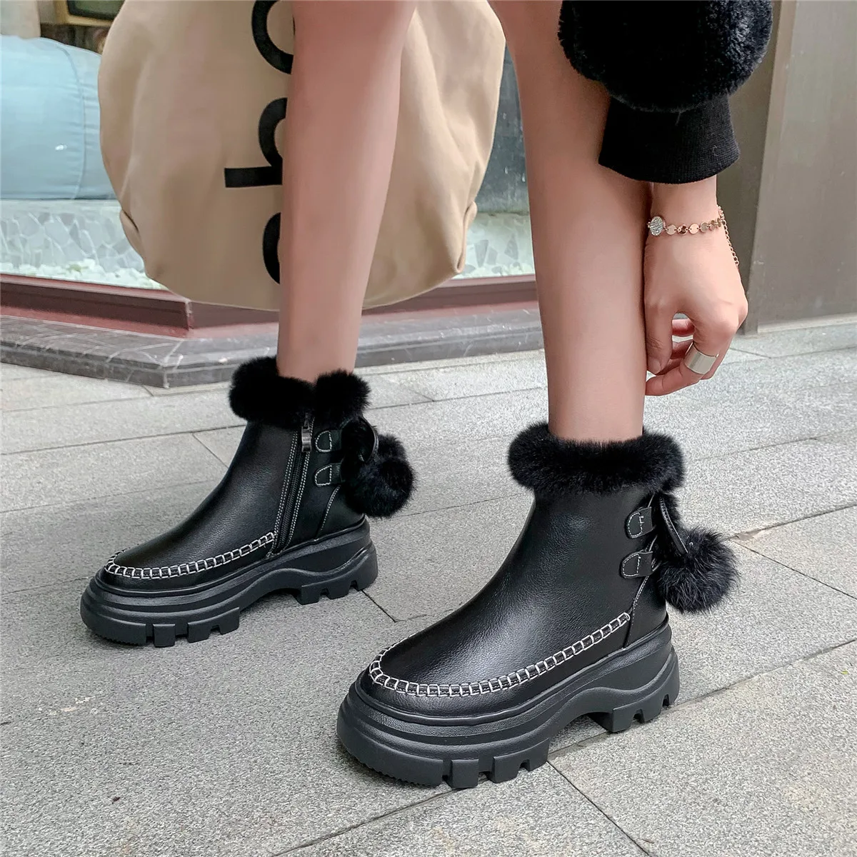Women's genuine leather platform flats ankle boots warm plush winter cold weather waterproof Non-slip snow boots shoes for women