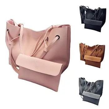 

2Pcs/Set Women Solid Color Faux Leather Shoulder Bag Tote Handbag Clutches Purse Big Capacity Bolsa Feminina сумка женская