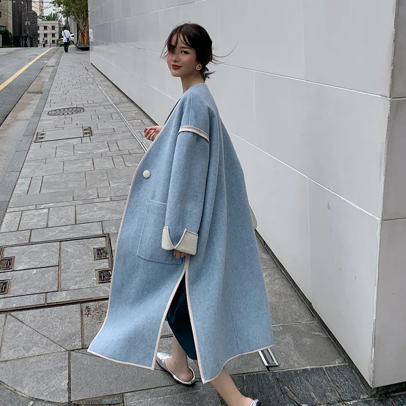 

Double-sided Double-color Side-by-side Jacket One Button Designer's Double-sided Woolen Overcoat 2019 V-Neck Woman Coats