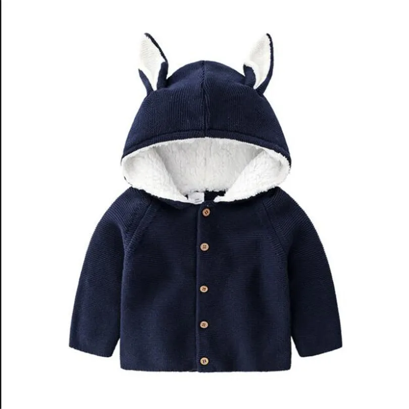 Вязаный детский кардиган с заячьими ушками; свитер для малышей; Осенняя детская куртка; пальто; свитер с капюшоном для маленьких девочек; свитер для маленьких мальчиков; кардиган