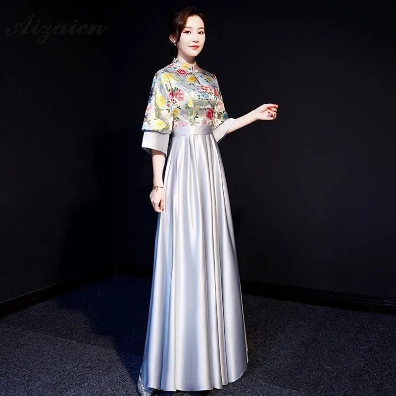 Новые Длинные Cheongsam китайские вечерние платья серое винтажное платье подружки невесты Qi Pao женское китайское свадебное платье Qipao Ориентал