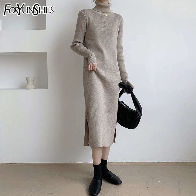 

FORYUNSHES Women Turtleneck Knitting Slim Dresses Femme Warm Solid Coffee Simple Casual Hemlines Split Midi Dress 2020 Winter