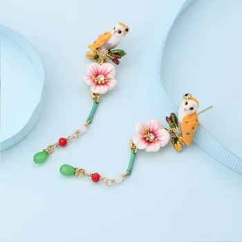 

2020 Europe French enamel owl flower tassel long earrings delicate elegant cute earrings for girl women gift