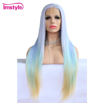 

Imstyle Straight Long Synthetic Lace Front Wig Ombre Blue Purple Yelllow Wigs For Women Mixed Color Heat Resistant Fiber Hair