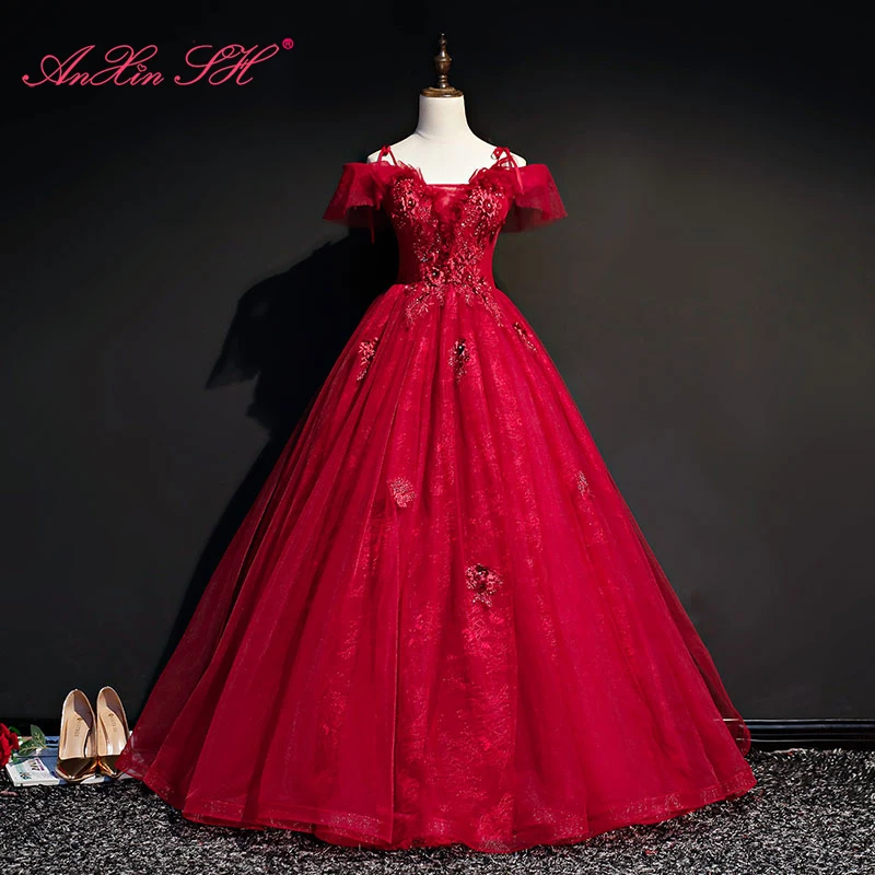 

AnXin SH princess wine red flower lace evening dress vintage boat neck beading crystal little bow ball gown evening dress