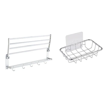

Space Aluminum Double Towel Rack with 5 Hooks Foldable 50cm & Soap Dish, Rust Proof Stainless Steel Soap Case Holder