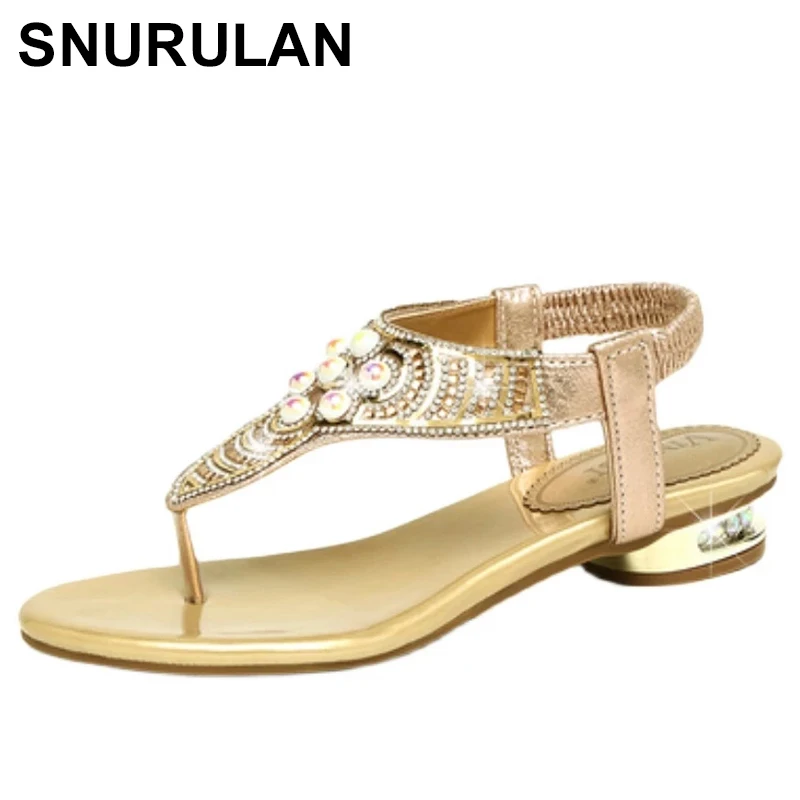 

SNURULAN Bohemian Sandals Women Fashion Rhinestone Women's Shoes Vacation Beach Shoes Leisure Flat Shoes Ladies Plus Size Flip