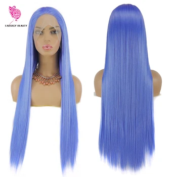 

Fashion Blue Silky straight Synthetic Front Lace Wig for Woman 26in Free Part Natural Hairline Wigs for Cos Party Daily Wear