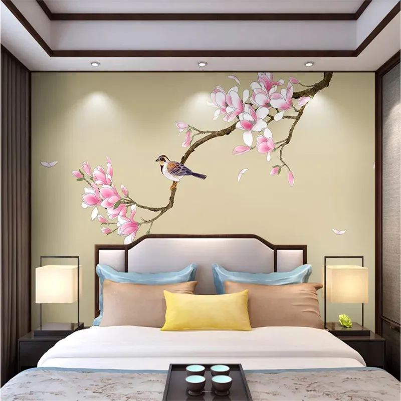 

Chinese Minimalist Hand Painted Pink Magnolia Flower Bird Yellow Background Mural Wallpaper for Walls 3D Wall Papers Home Decor