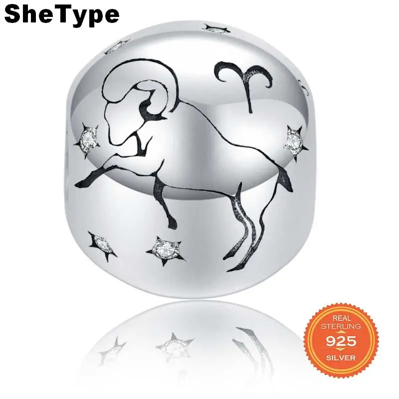 

SheType 2.9g Water Sign Constellation Round Beads for Women Jewelry Making Aries Clear Star Charm 925 Solid Sterling Silver