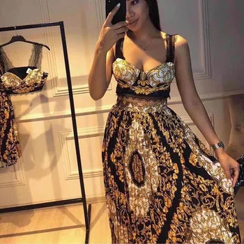 

Trendy Brand Luxry Design 2020 New Holiday Style Suspender Sexy Vest + Printed High Waist Ethnic Style Pleated Printed Skirt