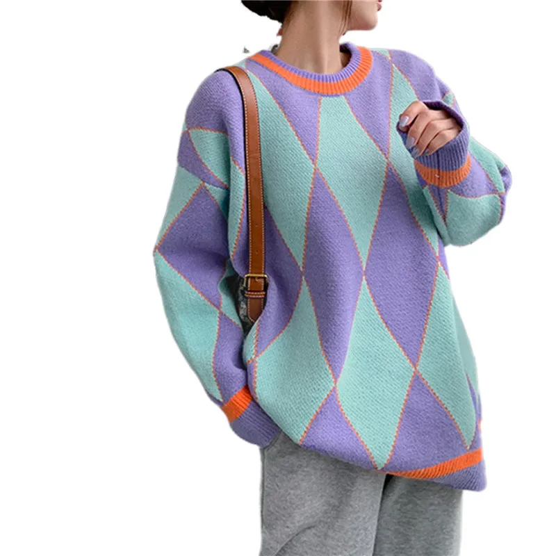 Women Sweater Geometric Pattern Long Sleeve Round Neck Loose Casual Knitting Tops Autumn Winter Female Pullovers Streetwear short sleeve cardigan Sweaters