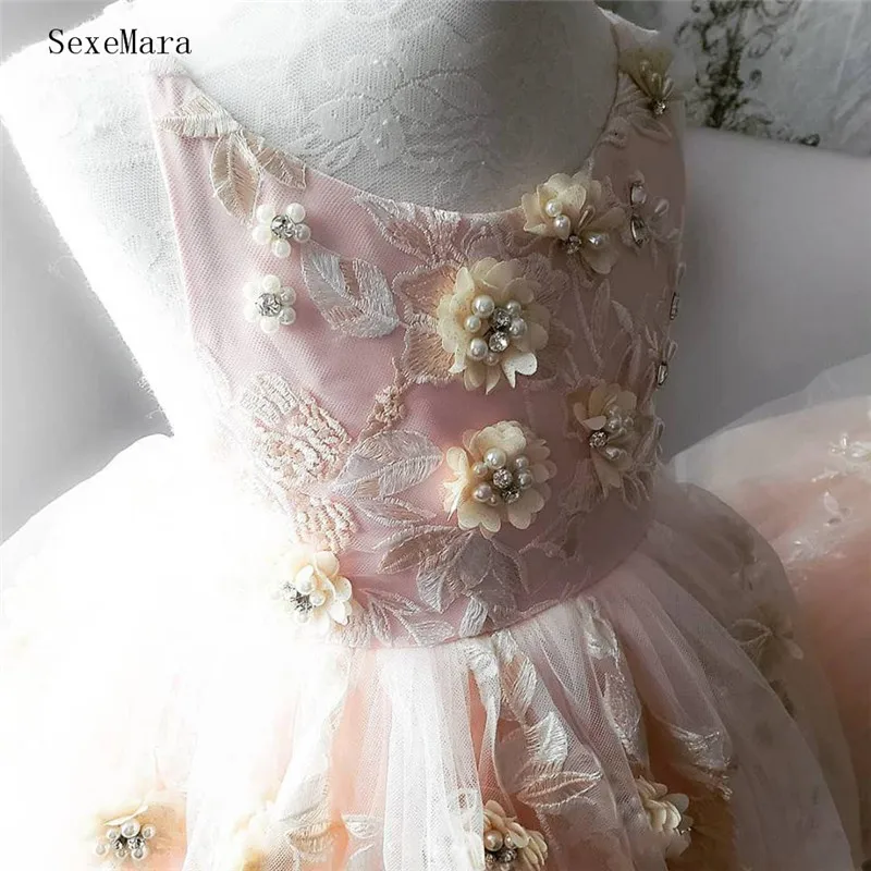SexeMara/платья для маленьких девочек на День рождения; кружевная Одежда для девочек с объемными цветами и бисером; фатиновое бальное платье цвета шампанского для детей от 2 до 16 лет