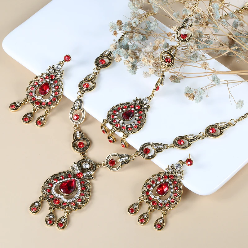 Bridal Jewelry Sets Vintage Look Jewelry Sets Pendants Necklace Earring For Women Gold-Color Mosaic Blue Crystal Party Gifts