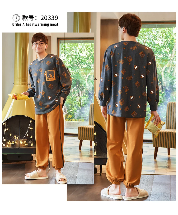 Pajama Sets Men Plus Size 4XL Printed O-neck Full Length Pants Spring Autumn Mens Lounge Sleepwear Korean Style Leisure Trends men satin pajamas