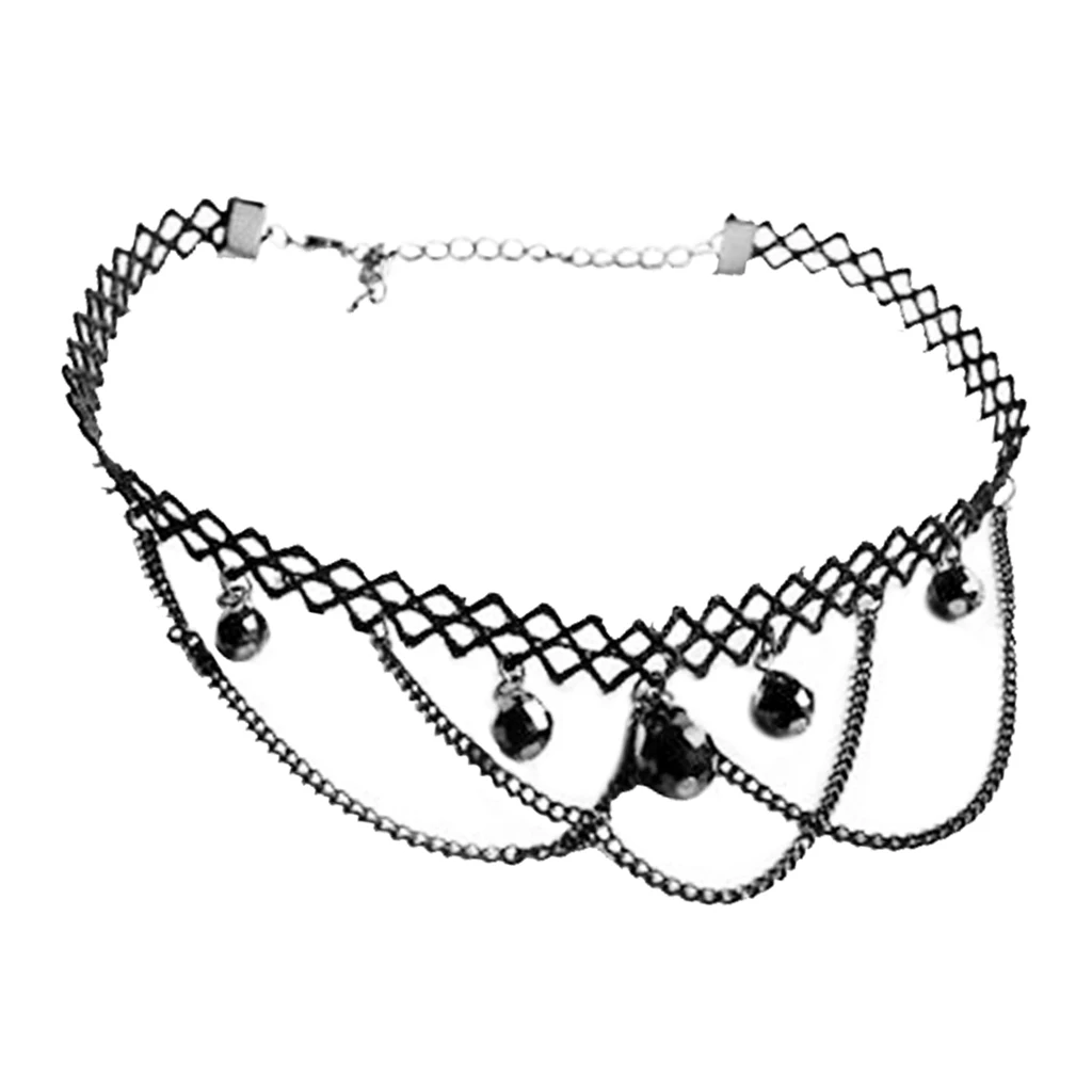 Wedding Party Beads Rhinestone Tassels Chain Pendant Gothic Necklace for Women Vintage Punk Black Lace Choker 