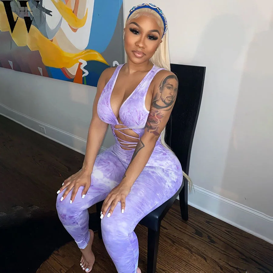 WYHHCJ 2020Bandage Tie Dye Hollow Out Rompers Womens Jumpsuit Fitness Sleeveless Push Up Bodycon Party Jumpsuits V Neck Sexy Hot