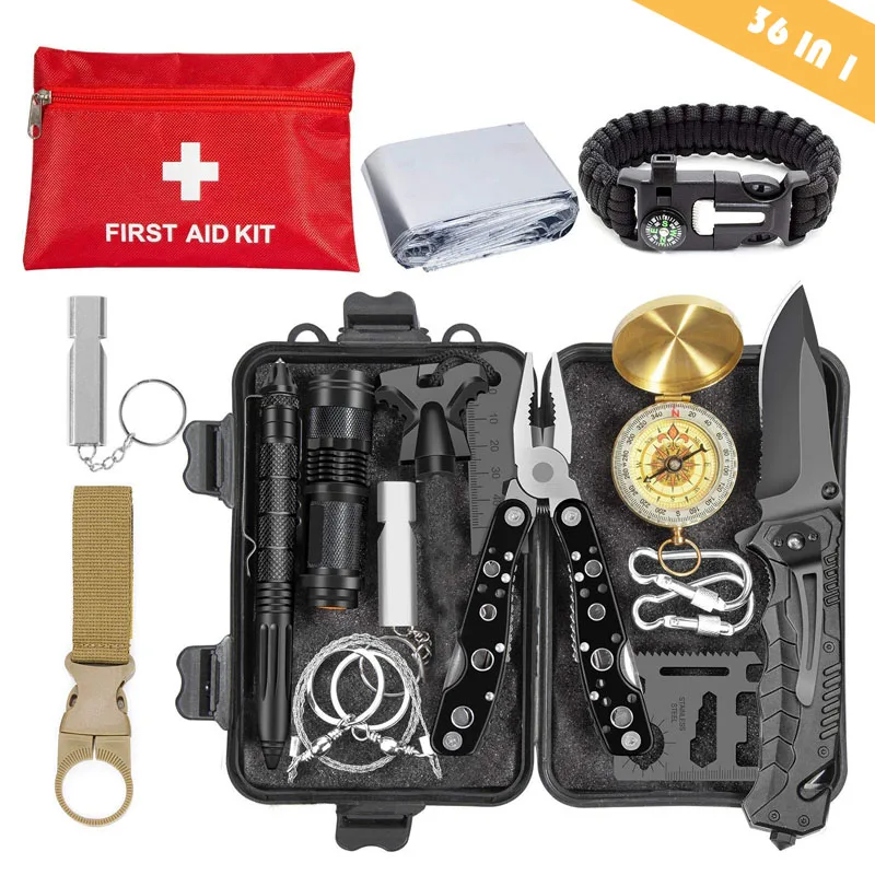 Billige Notfall Überleben Kit 36 in 1 SOS, EDC Decke Messer Taschenlampe Zange Draht Sah für Wildnis Camping Erste Hilfe für Erdbeben