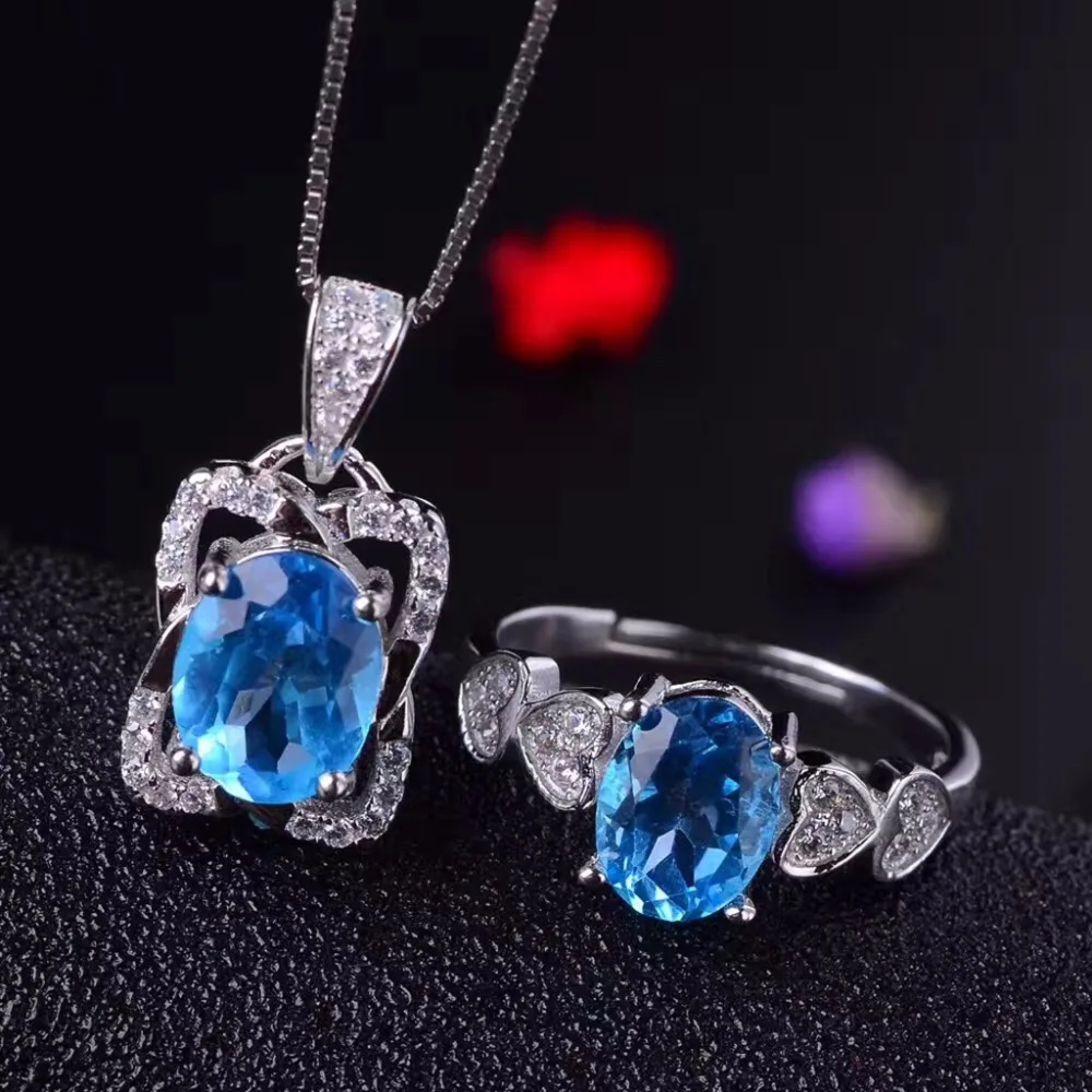 

MeiBaPJ Natural Blue Topaz Jewelry Set 925 Pure Silver Ring Pendant Necklace 2 Suits Fine Wedding Jewelry for Women
