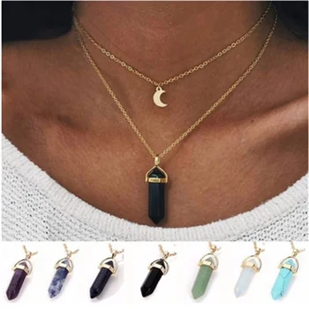 

Natural stone glass hexagonal column necklace European and American fashion double moon crescent bullet bullet pendant necklace