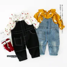 Осенние модные милые хлопковые джинсовые комбинезоны для девочек универсальные повседневные свободные бретели для детей детские штаны для мальчиков Новинка года