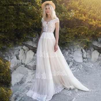 

Bohemian Wedding Dresses V Neck Lace Appliqued Short Sleeve Beach Bridal Gowns A Line Custom vestidos de casamento robes mariage