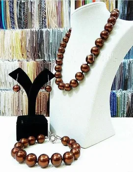 

Free shipping Wholesale price +Big 14mm round chocolate South Sea Shell Pearl Necklace Bracelet Earring Set New