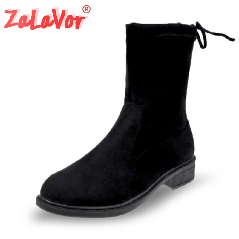 

ZALAVOR Winter Women Mid Calf Boots Keep Warm Fur Flats Shoes Solid Color Round Toe Black Boots Women Footwear Size 35-40