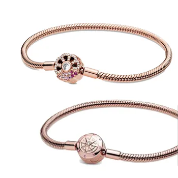 

2020 New 925 Sterling Silver Bracelet Moments Compass Pink Fan Clasp Snake Chain Bracelet for Women Charm Jewelry Making Gift