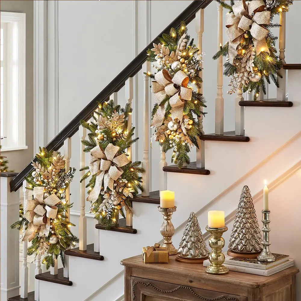 Christmas Front Door Window Stairs Wreaths 16 inches Stairway Artificial Hanging Garland with Berry Pine Christmas