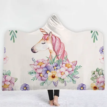 

q1 Printing Sherpa Throw Hooded Blanket Wearable Winter Warm Fleece Bedding Office Quilts Soft Adults Travel Hooded Blankets