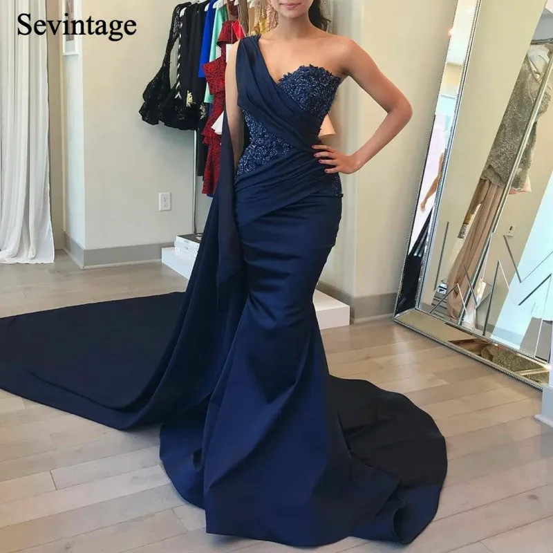 

Sevintage Elegant One Shoulder Long Evening Dresses Watteau Train Pleats Lace Satin Prom Gowns Formal Woman Party robe de soiree