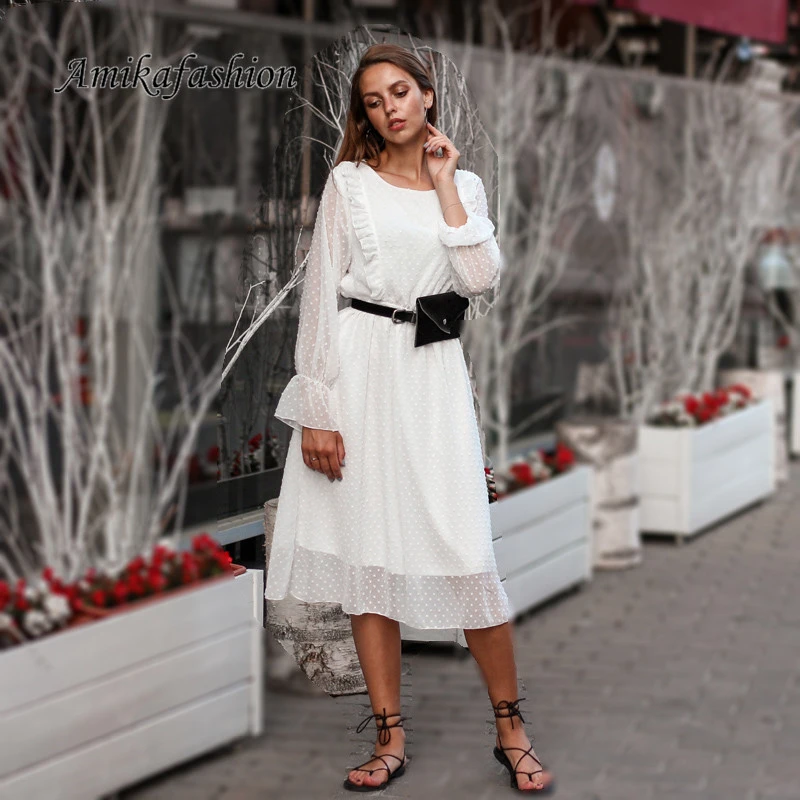 

Ruffles Polka Dot Women Chiffon Sexy Party Dress Elastic Waist Flare Sleeve Female Long Vestidos A-line White Dress 2019 Clothes