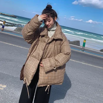 

Winter jacket Down parka winter 2019 new Korean version loose knee thick Plaid student cotton jacket