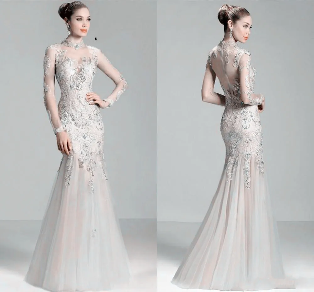 

2019 Formal gown elegant beading long sleeve mermaid evening dress vestido de festa longo robe de soiree lace evening dresses