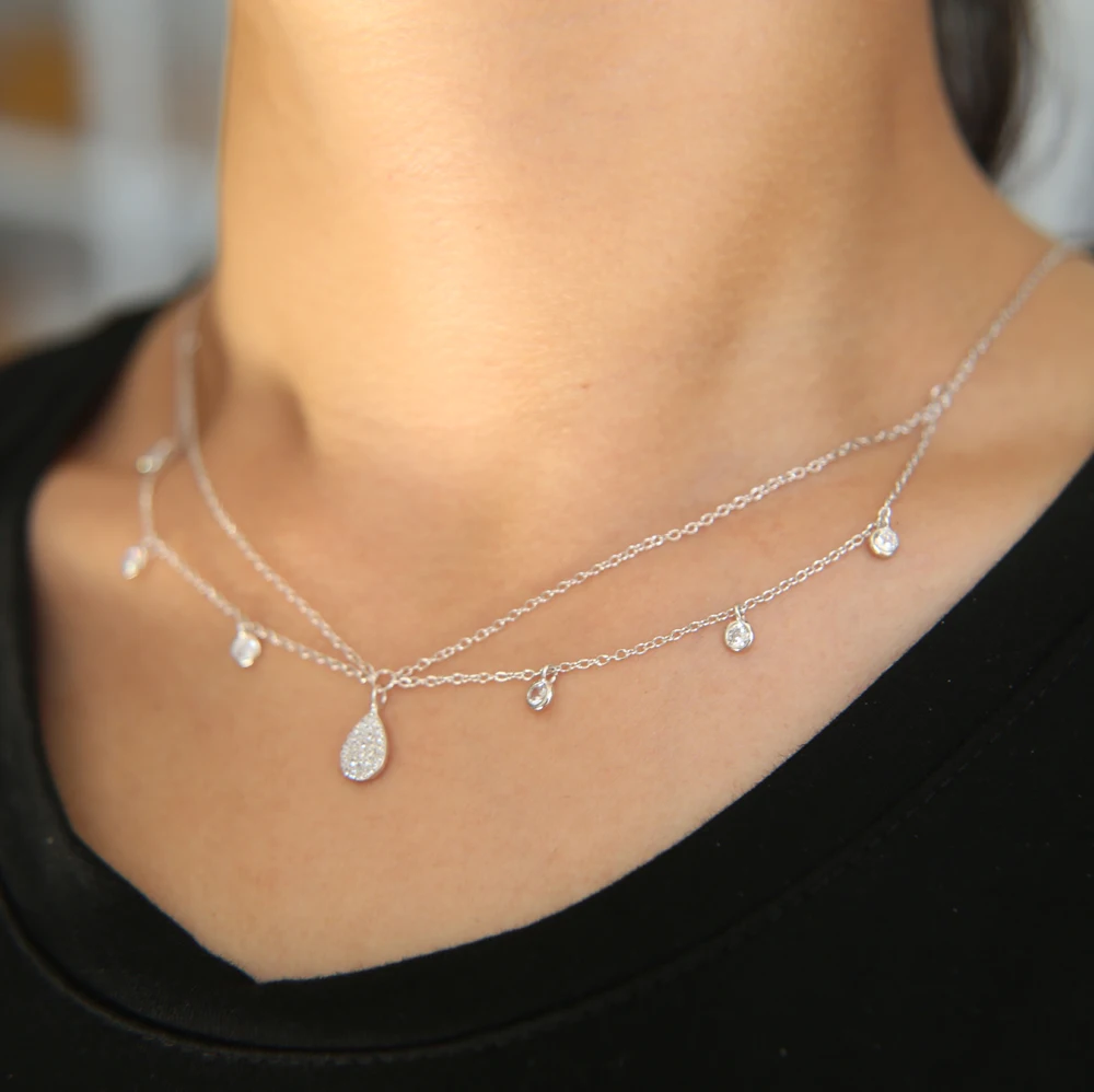 

100% 925 Sterling Silver multi Layers cz station choker Necklace water drop charm double link chain fashion jewelry for women