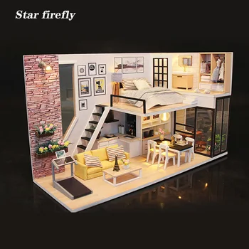 

Star firefly modern style Wooden doll house Give you happiness Villa Miniature DIY dollhouse Creative Toys For Christmas Gifts