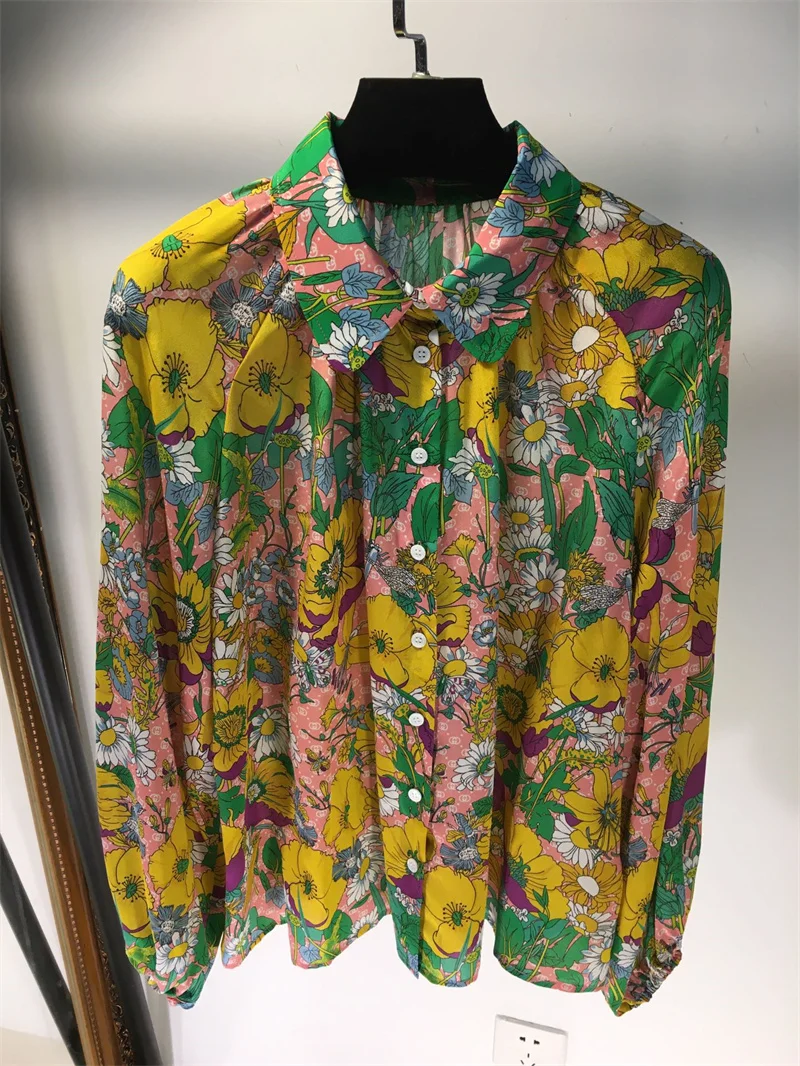 

2022 Spring new blouses fashion designer lapel printed silk shirt for women