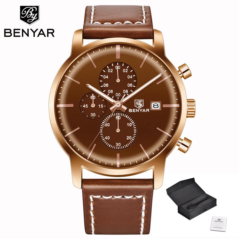 Gold Brown BENYAR, мужские часы, Топ бренд, Роскошные, кварцевые, с хронографом, модные, нержавеющая сталь, водонепроницаемые, мужские часы, военные, Relogio Masculino - Цвет: Gold Brown