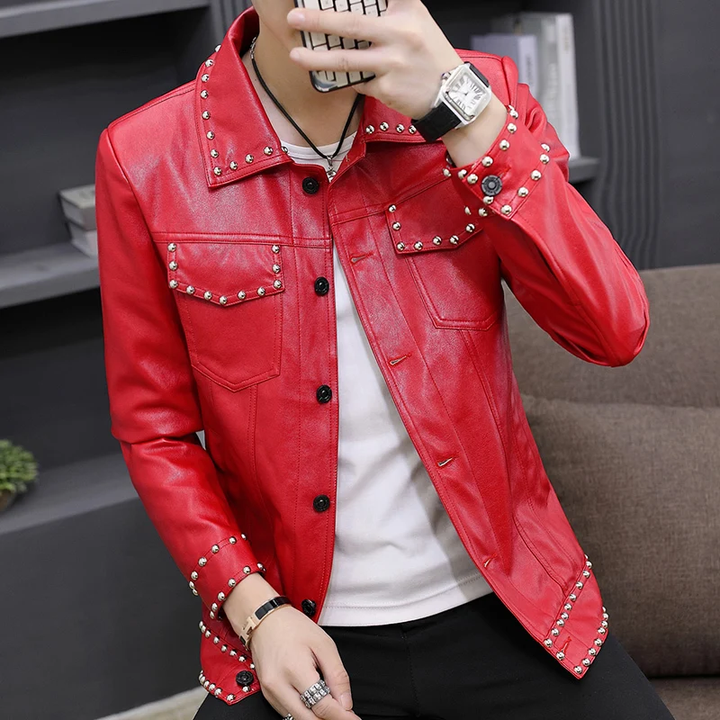 

Motorcycle Pu Leather Jacket Men Personality Rivets Vintage Slim Fit Coat Male Punk Single Breasted Fashion Black Outerwear