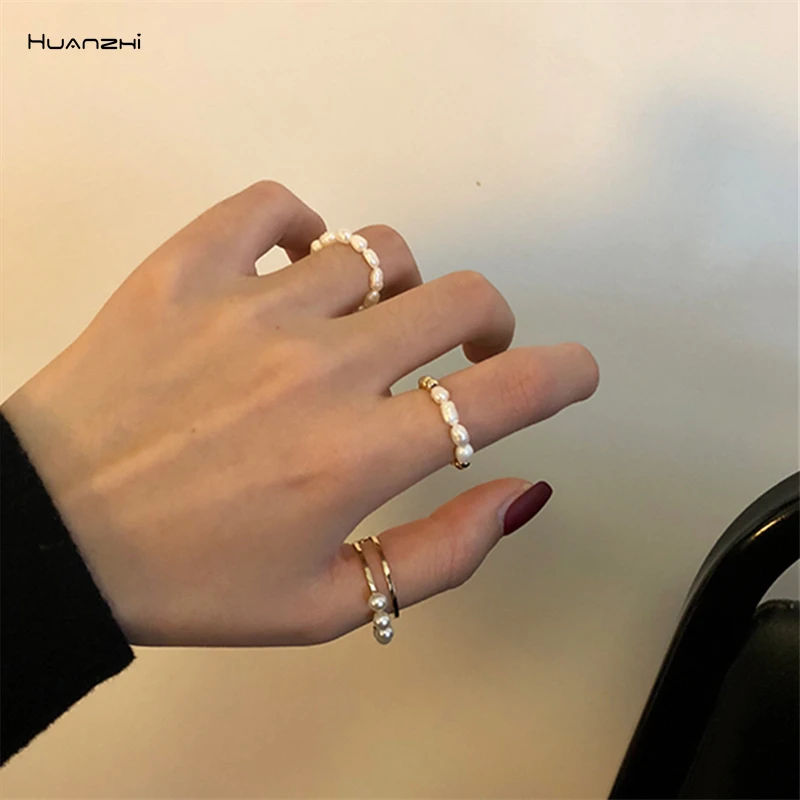 HUANZHI, дизайн, простой винтажный натуральный пресноводный жемчуг, открывающееся круглое металлическое кольцо для женщин, студенток, девушек, вечерние ювелирные изделия